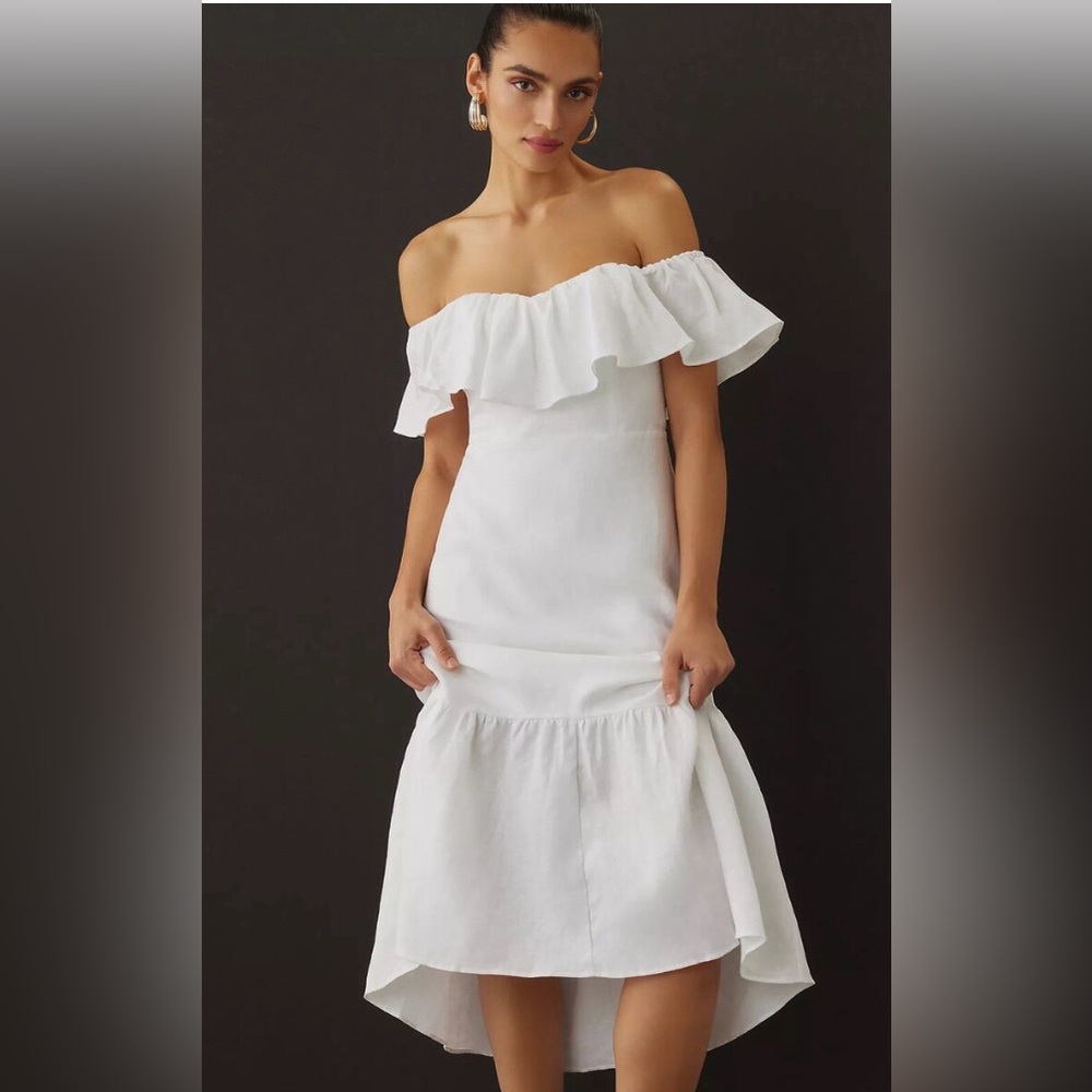 Reformation White Linen Off the shoulder midi dress size 10